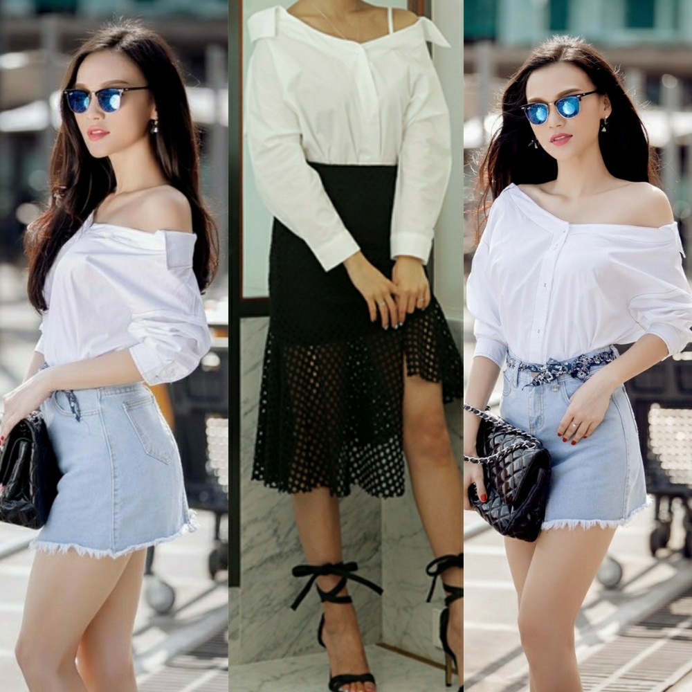 High fashion off the shoulder white button down